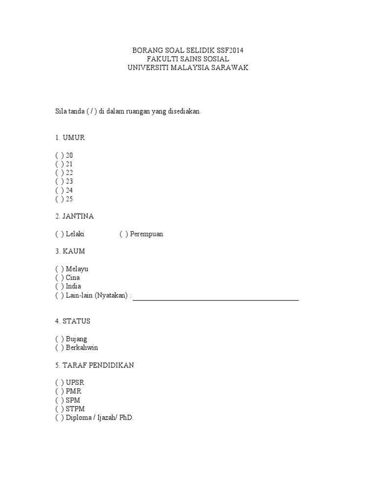Contoh Borang Soal Selidik Sains
