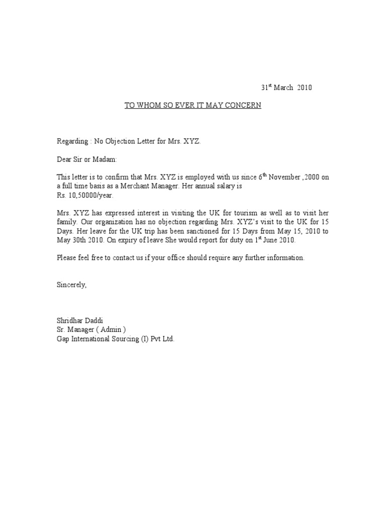 Sample No Objection Letter Certificate Noc  PDF Throughout Letter Of Objection Template