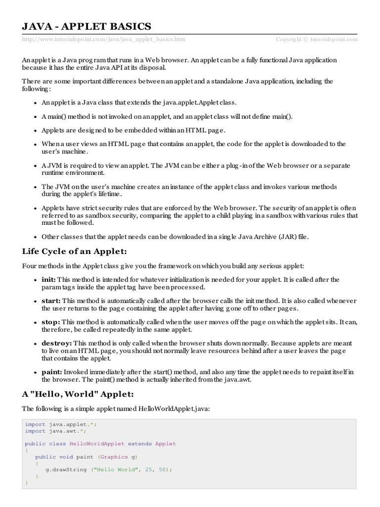 Java - Applet Basics: Life Cycle of An Applet | PDF