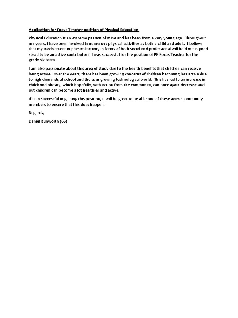 Application for PE Focus Teacher Position | PDF