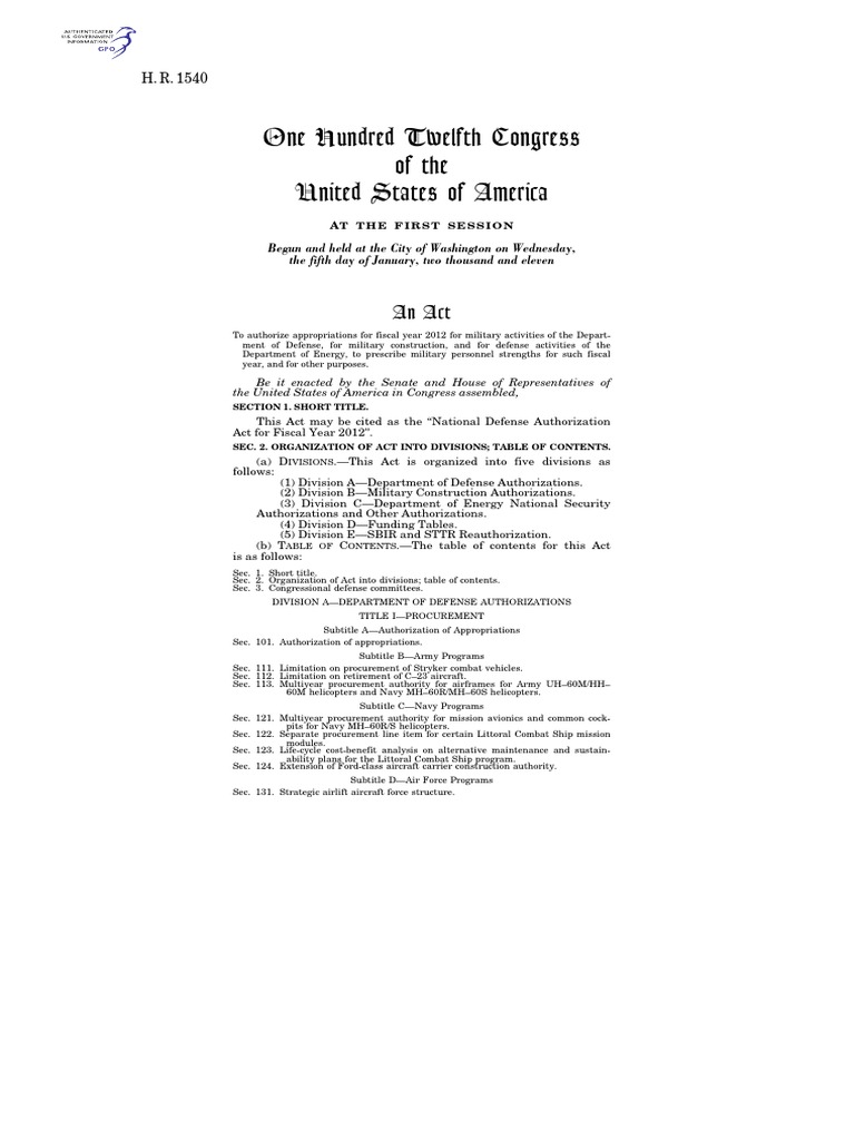NDAA PDF United States Armed Forces Military