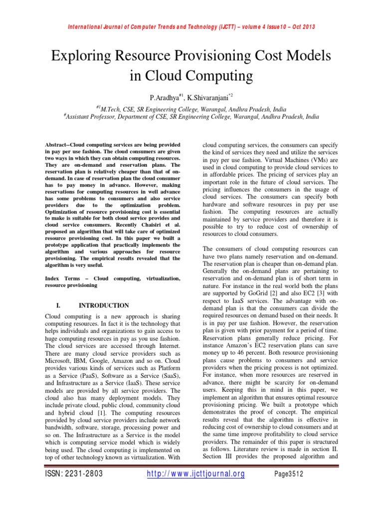Exploring Resource Provisioning Cost Models in Cloud Computing | PDF ...