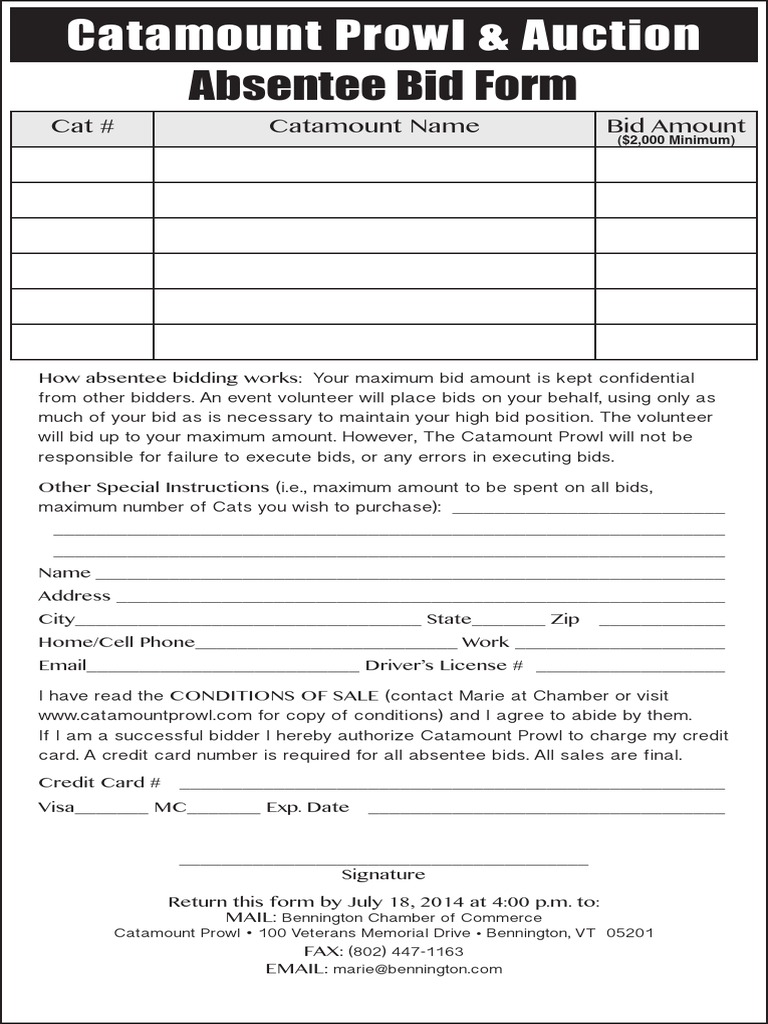 Catamount Absentee Bid Form PDF
