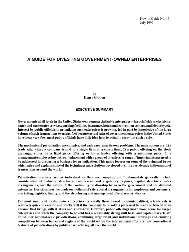 A Guide For Divesting Government-Owned Enterprises: How To Guide No. 15 ...