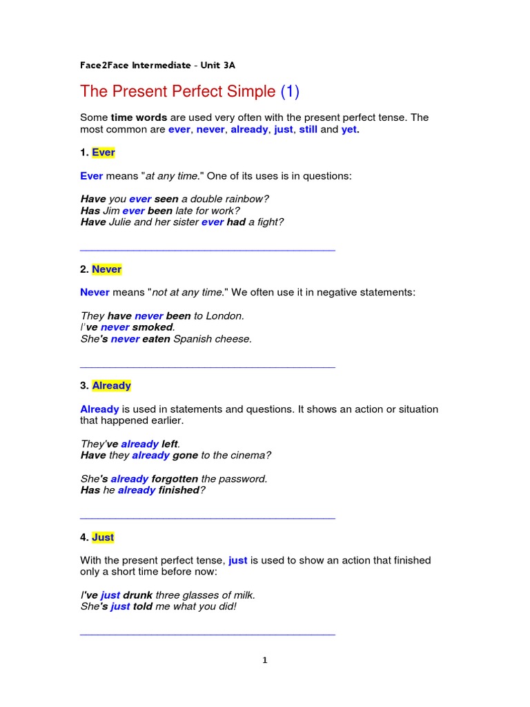 Present Perfect Yet Already Ever Etc Perfect Grammar Linguistics