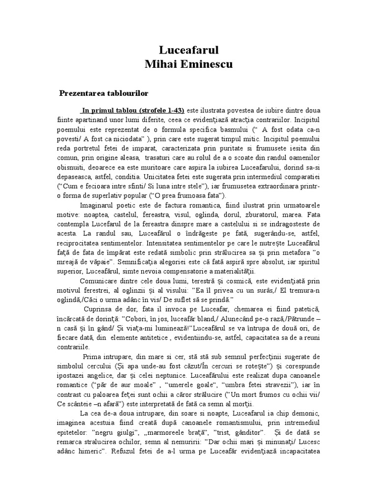 Luceafarul - Rezumat pe Capitole