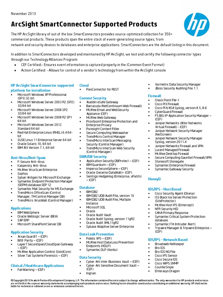 HP ArcSight SmartConnectors Supported Products | PDF | Oracle ...