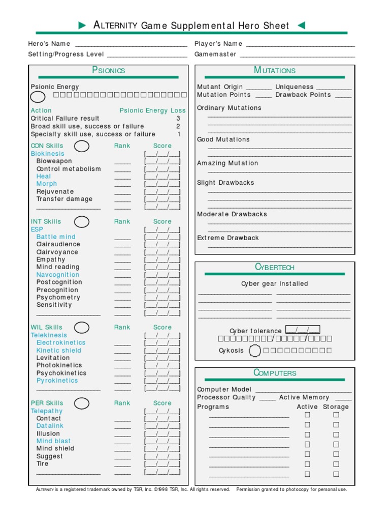 Alternity Character Sheets Leisure Science (General)
