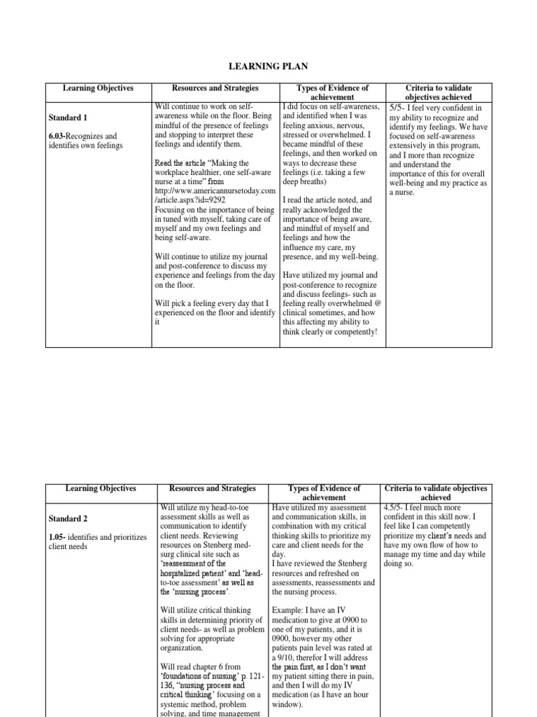 Learning Plan 2 Medical Surgical PDF Nursing Self Awareness