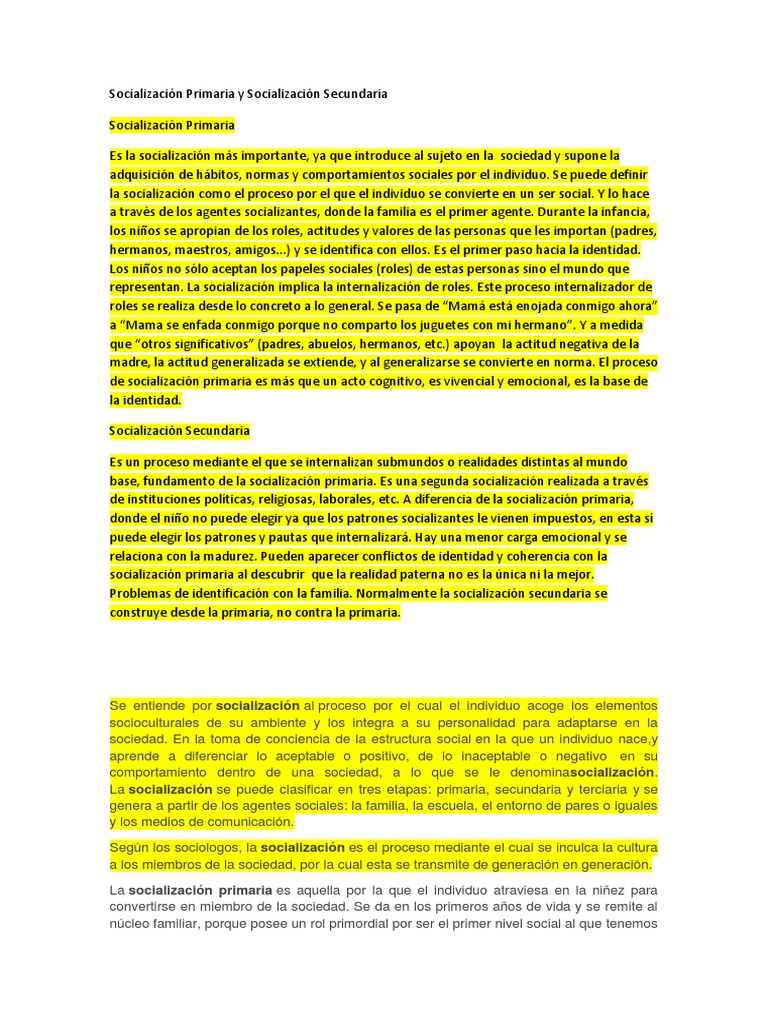 Socialización Primaria Y Socialización Secundaria Pdf Socialización