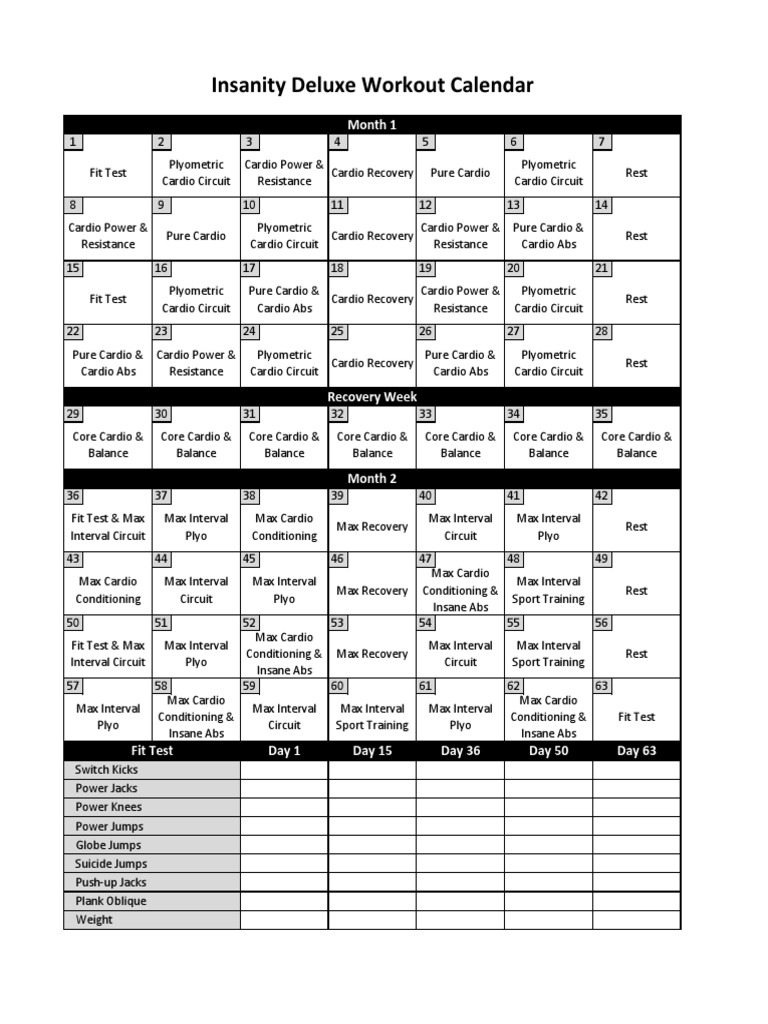 5 Day Insanity workout monthly calendar for Beginner