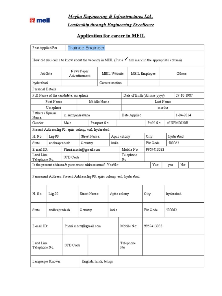 Application For Career in MEIL: Megha Engineering & Infrastructures LTD ...