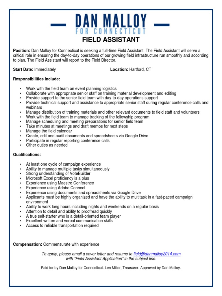 Field Assistant Job Description PDF Conference Call Business