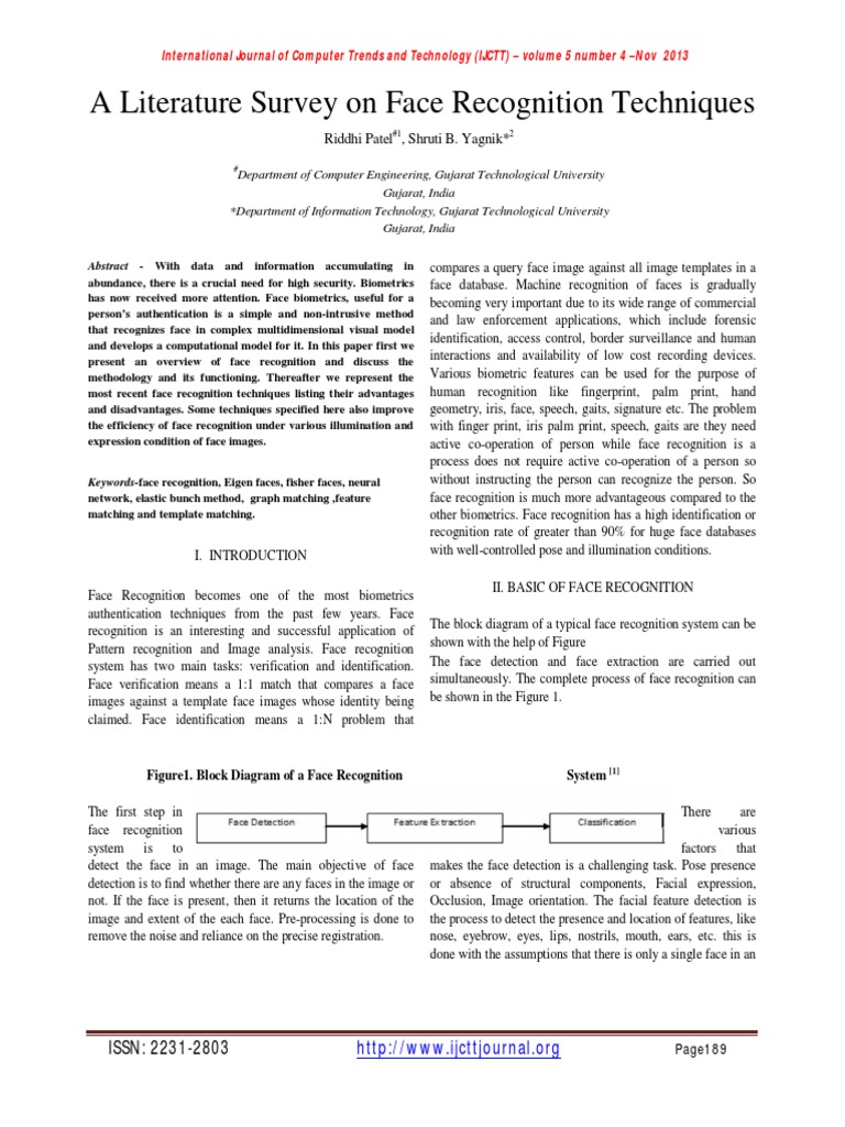 A Literature Survey On Face Recognition Techniques | PDF | Principal ...