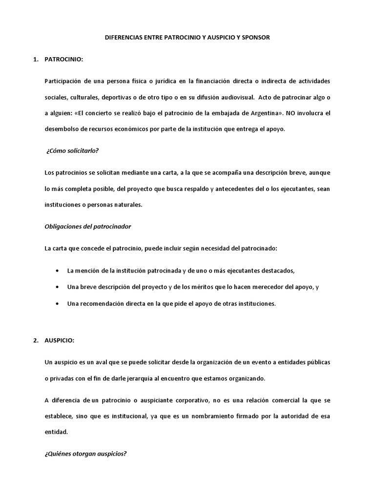 Diferencias Entre Patrocinio Y Auspicio Y Sponsor Pdf Patrocinador Comercial Business