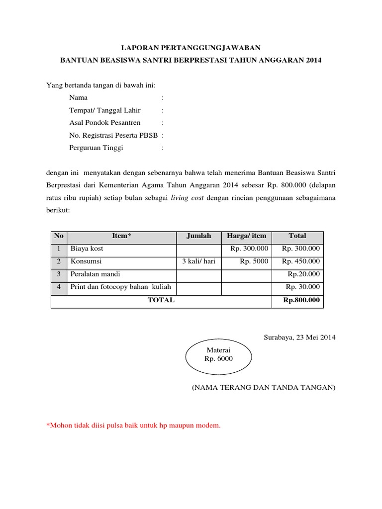 Contoh Laporan Pertanggungjawaban Beasiswa Ilmusosial Id