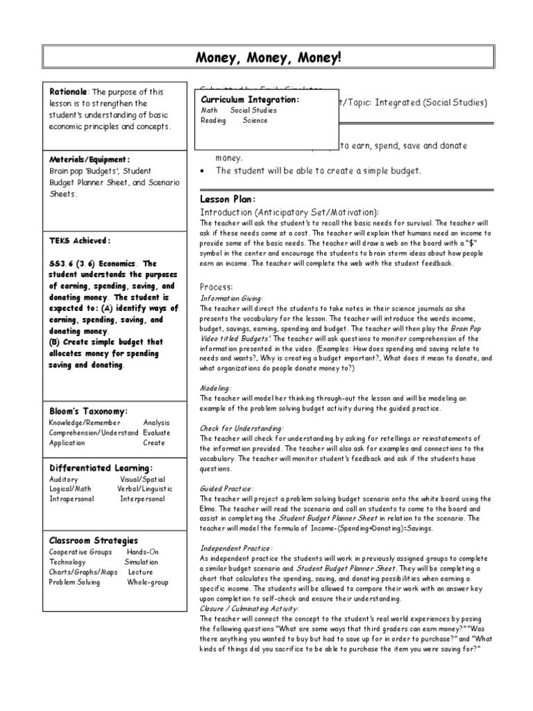 3rd Grade Budgeting Lesson Plan | PDF | Reading Comprehension ...