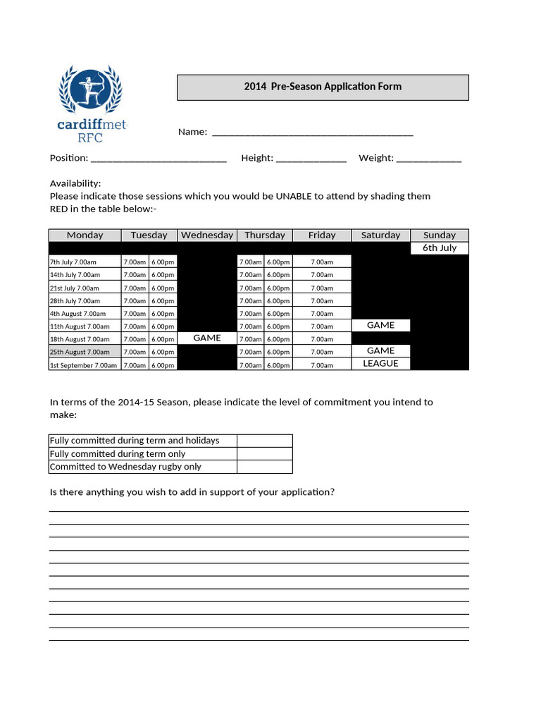 2014 Pre-Season Rugby Application Form | PDF | Career & Growth