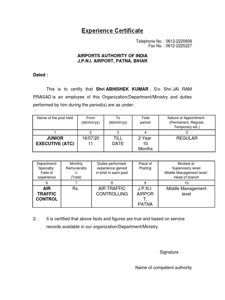 Format of Experience Certificate | PDF