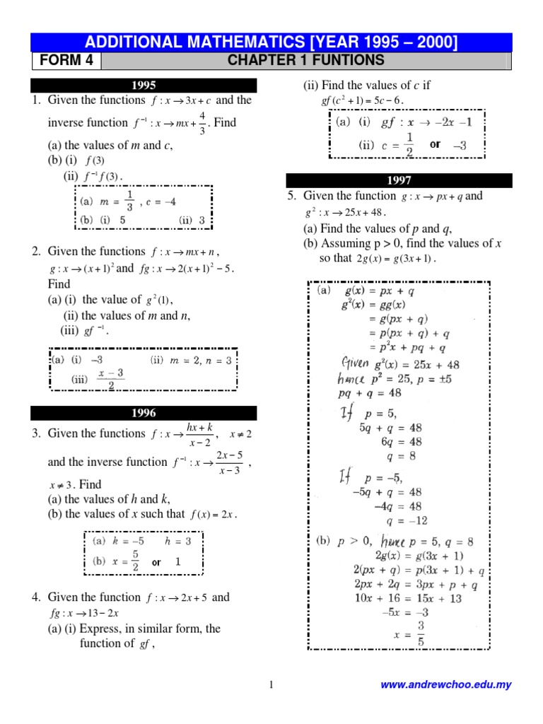 Additional Mathematics (Year 1995 - 2000) : Form 4 Chapter 1 Funtions | PDF