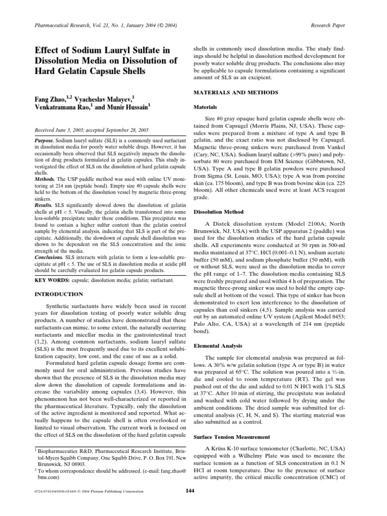 Sodium dodecyl sulfate (Sodium lauryl sulfate), Pharmaceutical Excipient