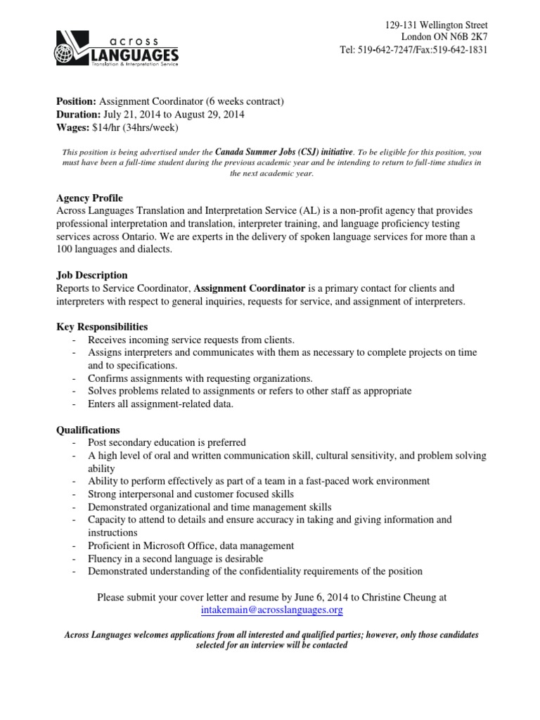 Assignment Coordinator Job in London ON | PDF