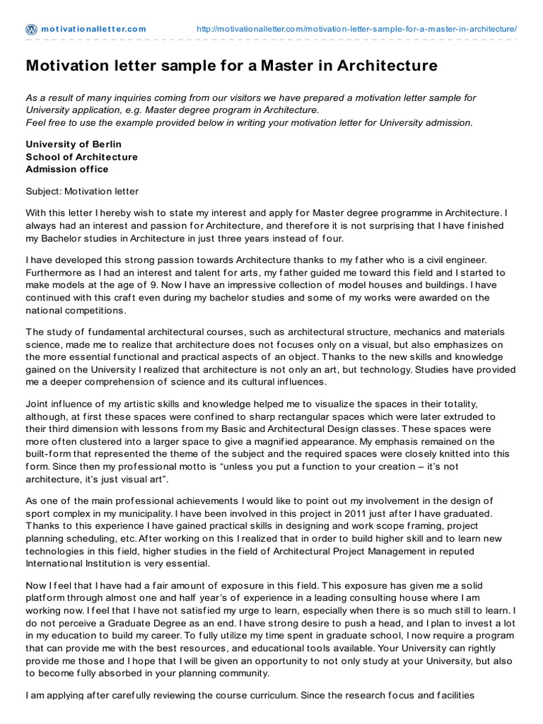 Motivation Letter Sample For A Master In Architecture Pdf Master S Degree Motivation