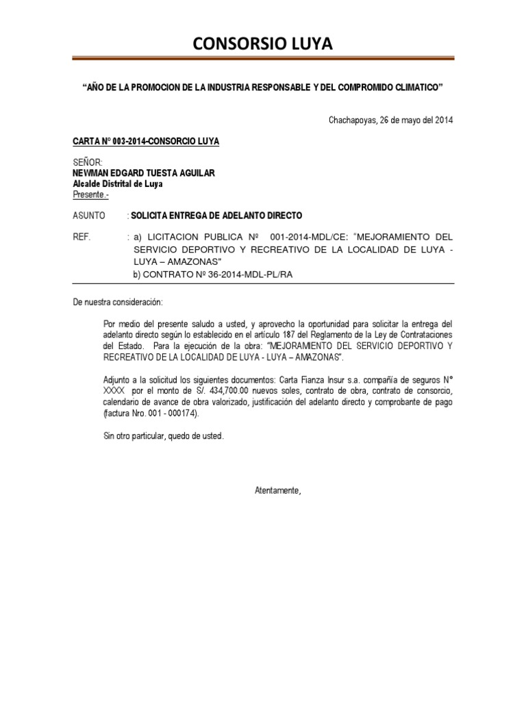 Carta Solicitud De Adelanto Diresto Pdf