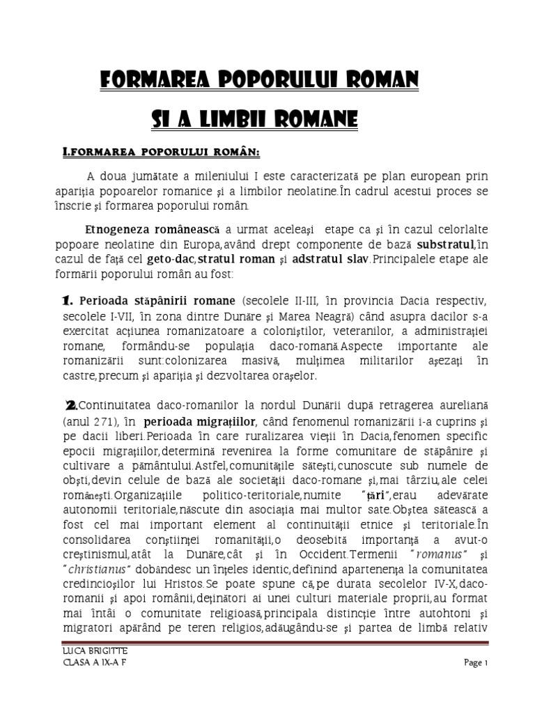 Formarea Poporului Roman Si A Limbii Romane