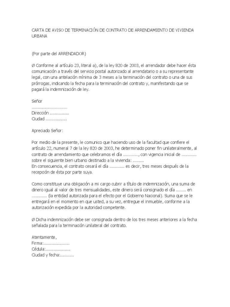 Carta De Aviso De Terminación De Contrato De Arrendamiento De Vivienda