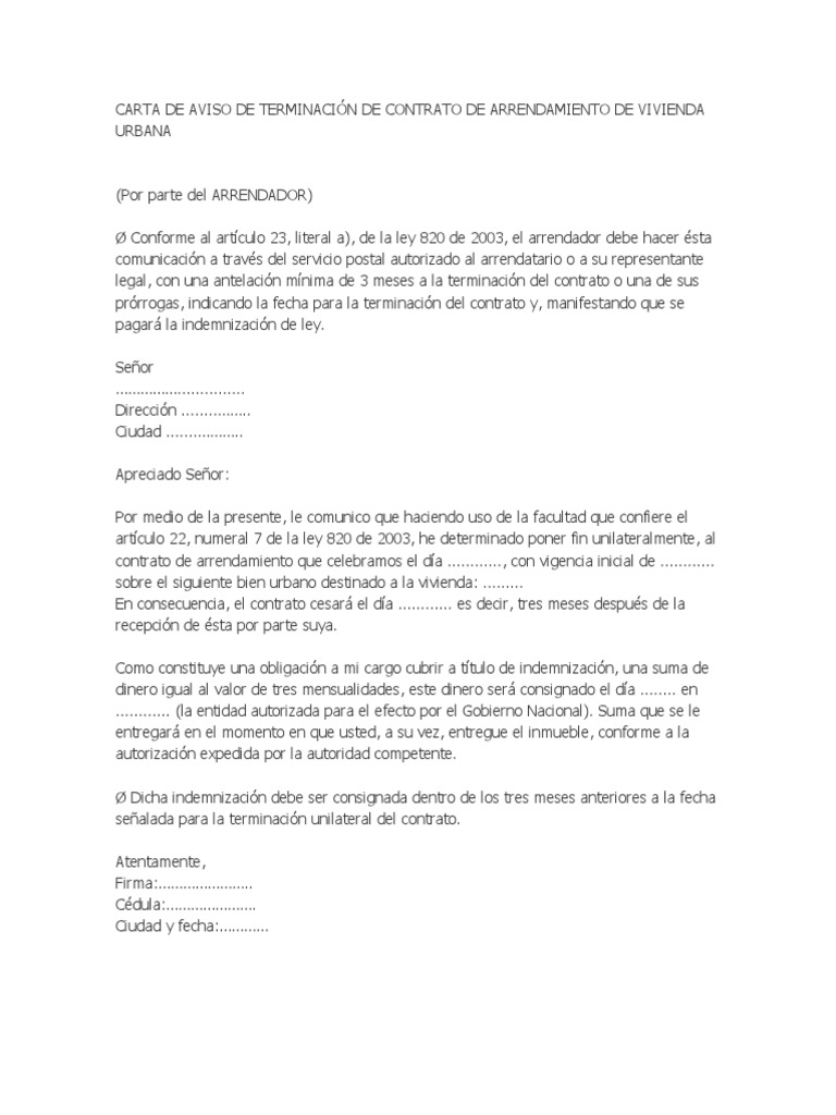 Carta de Aviso de Terminación de Contrato de Arrendamiento de Vivienda