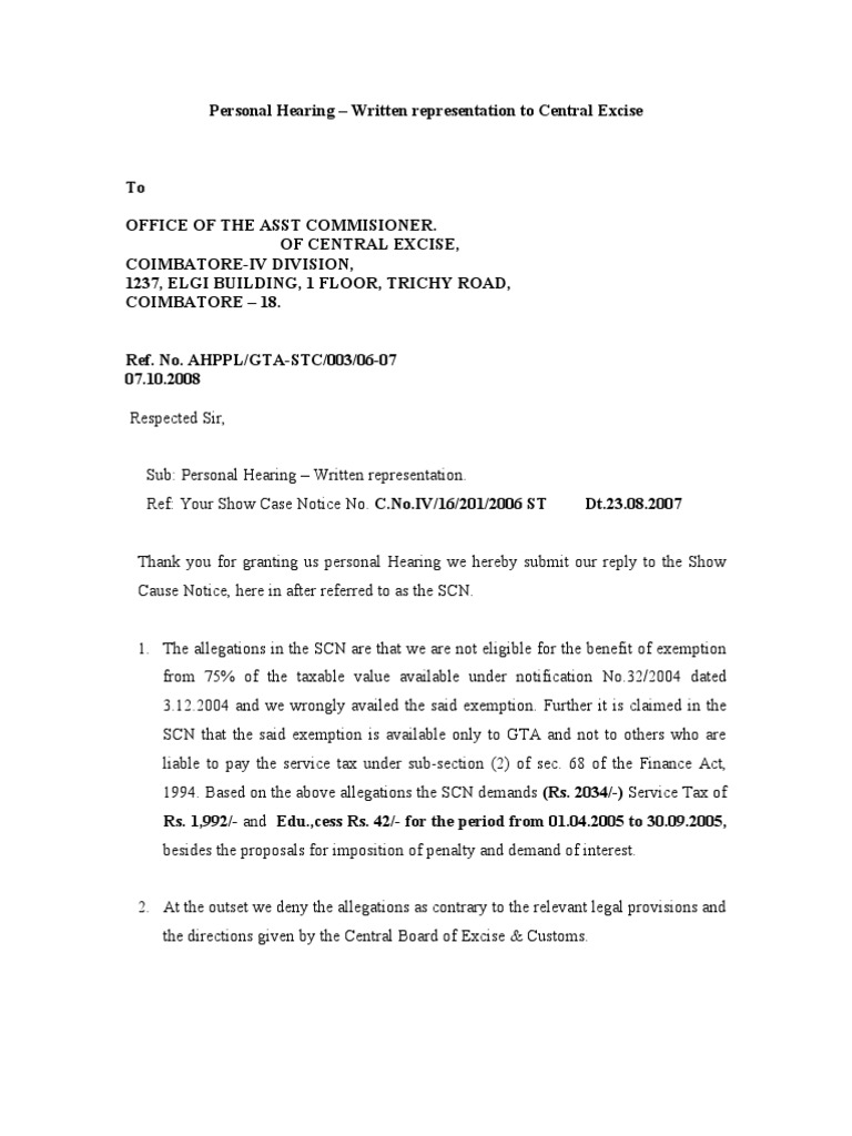 Personal Hearing Written representation to Central Excise Taxes