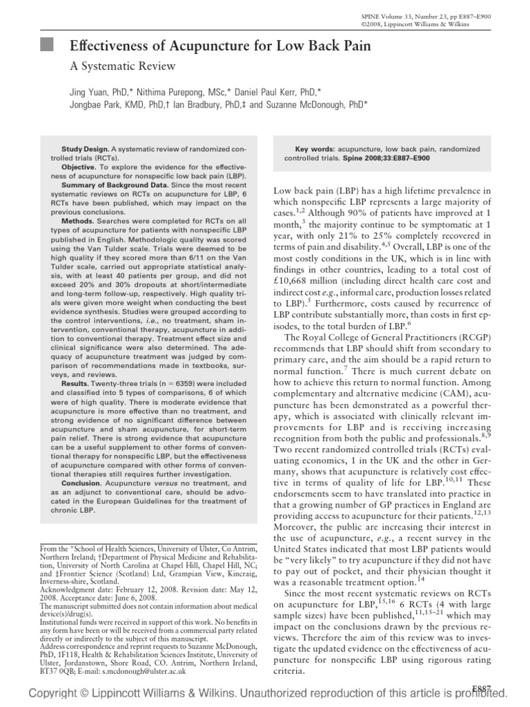 Effectiveness Low Back Pain | PDF | Acupuncture | Randomized Controlled ...