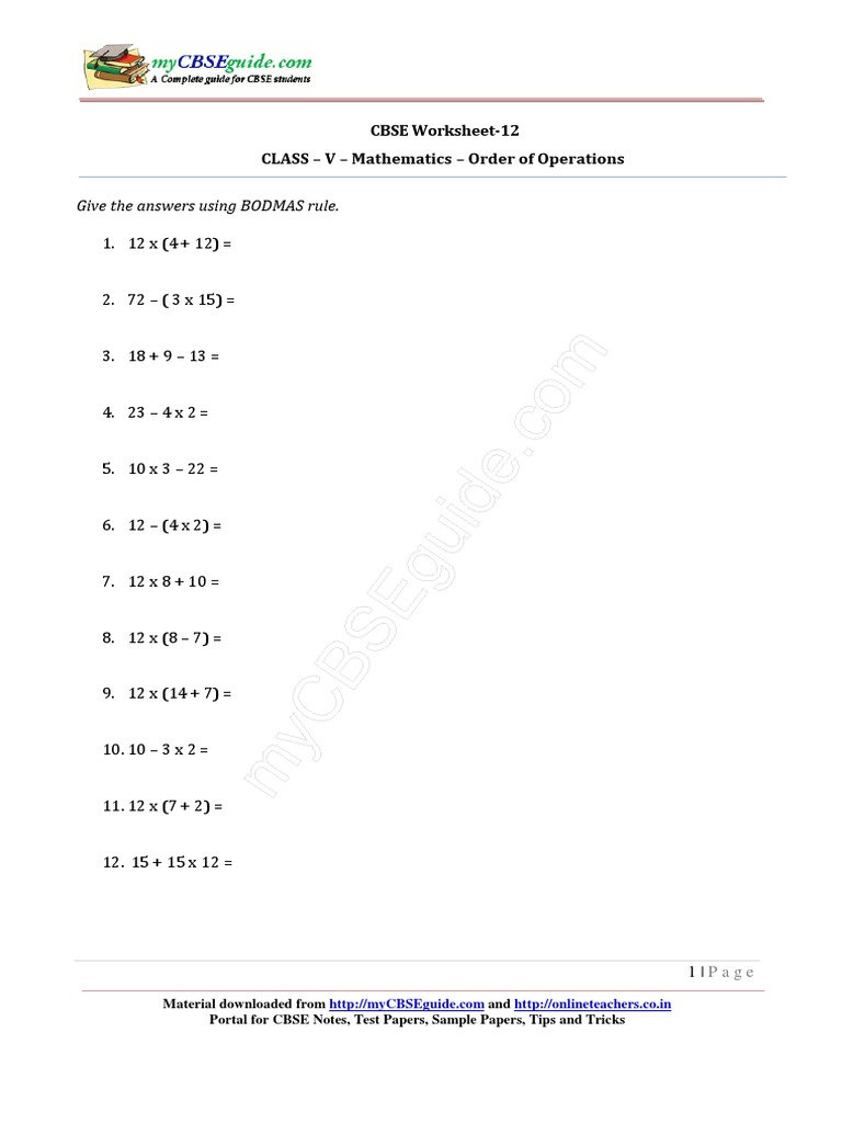 BODMAS Worksheet for Class 5 | PDF