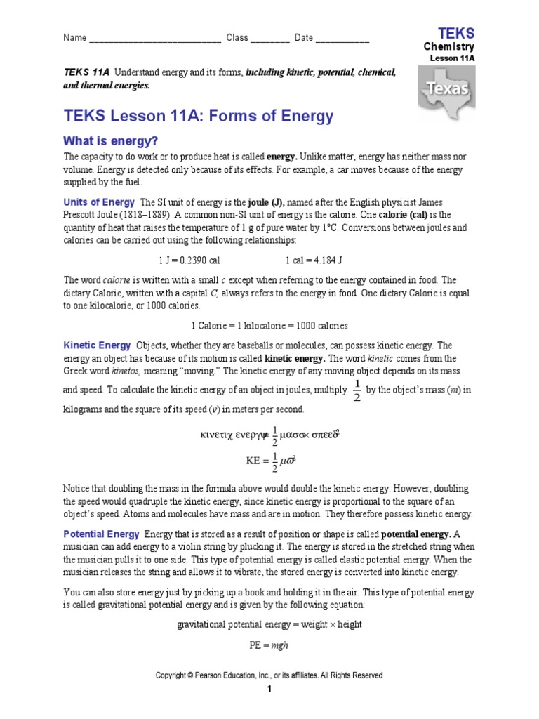Teks 11a Forms of Energy Lesson Notes PDF Potential Energy Calorie