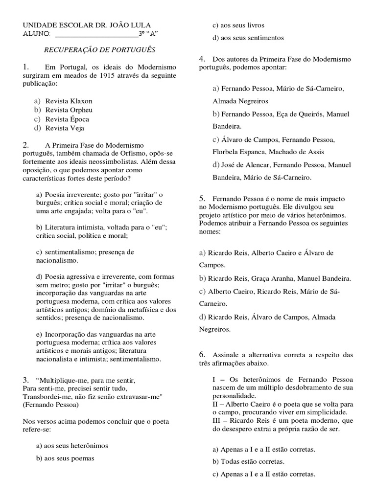Exercicios Modernismo 3 Fase Com Gabarito Pdf
