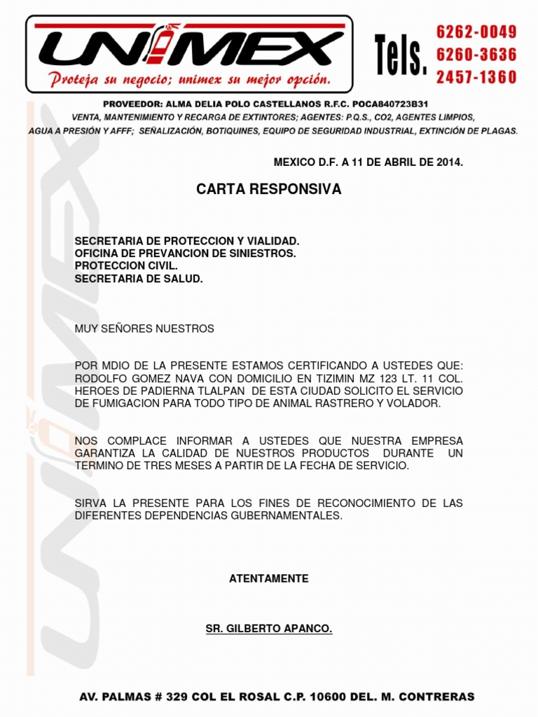 Carta Responsiva de Fumigaciones  PDF
