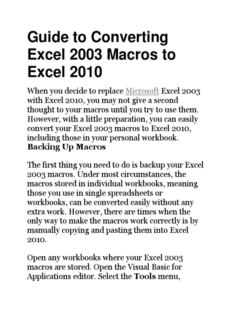 Convert excel 2003 macros to excel 2010 pdf microsoft outlook