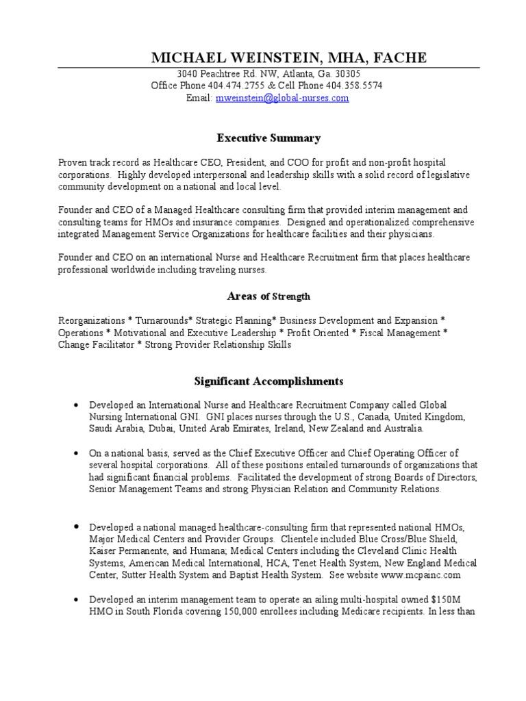 Michael Weinstein Resume 10 20 09 - 2 | Managed Care | Hospital | Free 30-day Trial | Scribd