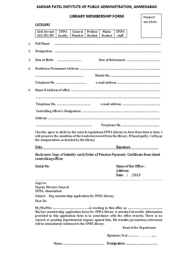 SPIPA Library Membership Application Form | PDF | Libraries | Government