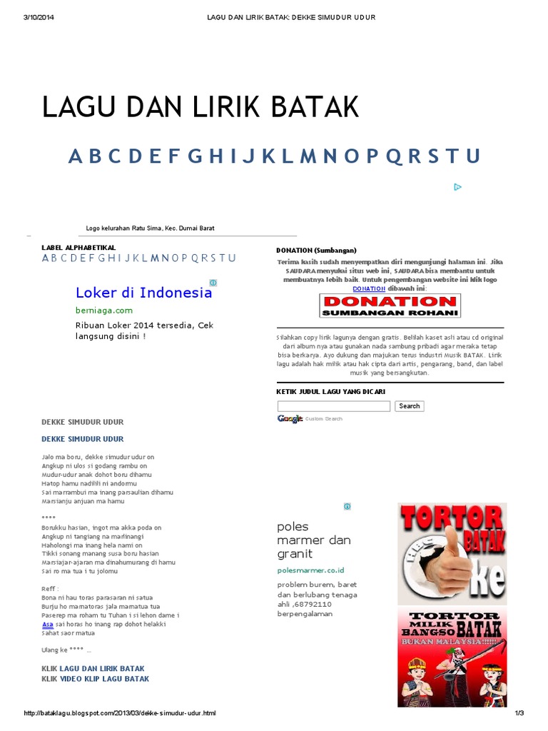Lagu Dan Lirik Batak Dekke Simudur Udur