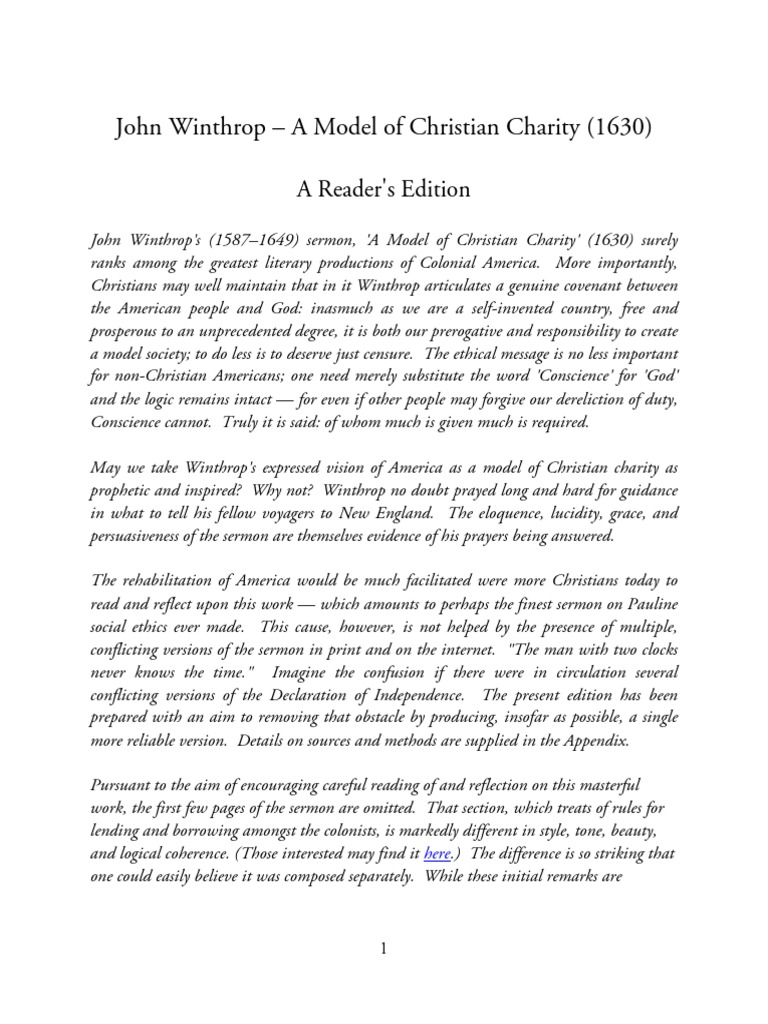 John Winthrop A Model of Christian Charity (1630). Reader