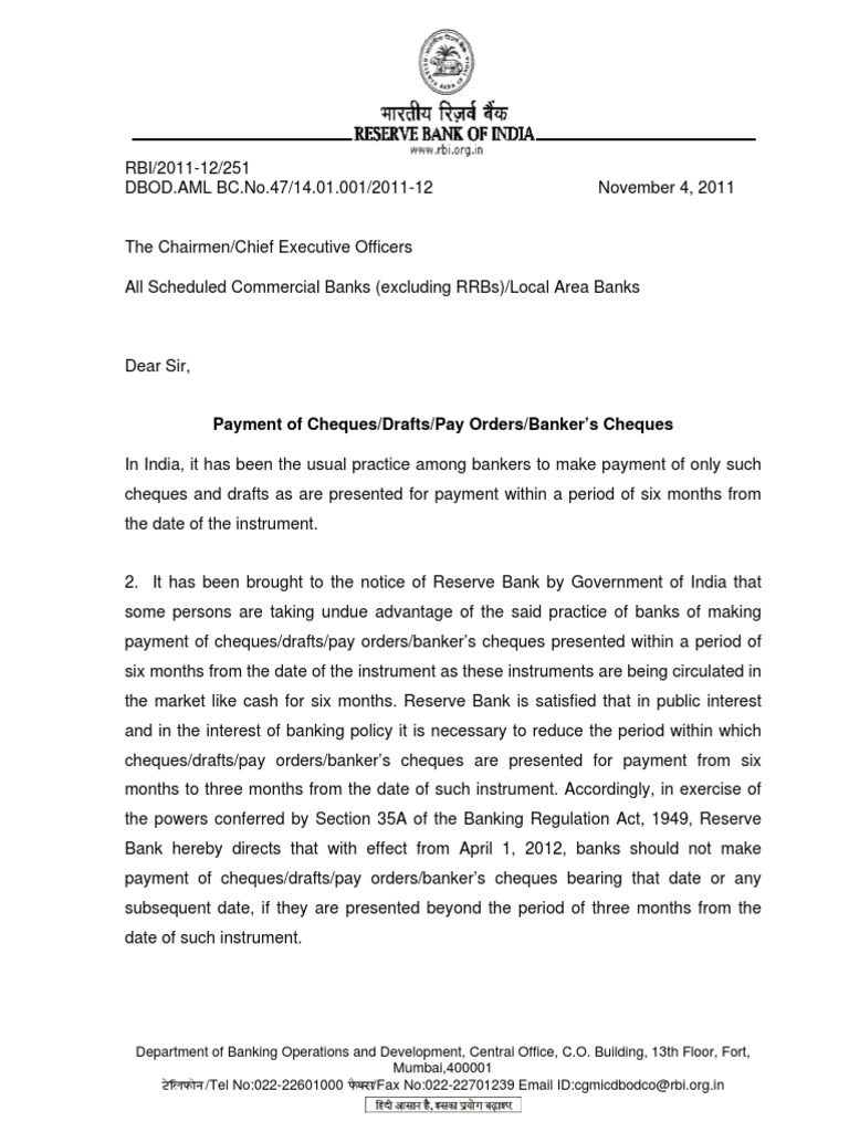 RBI Reduces Cheque Validity to 3 Months | PDF