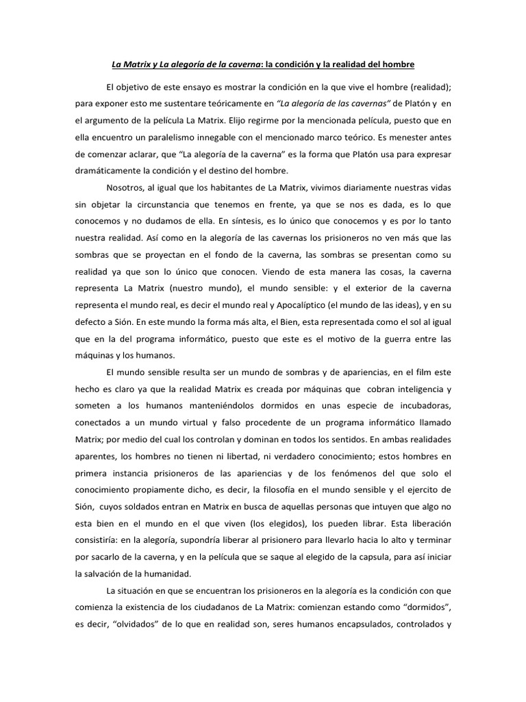 La Matrix y la alegoría de la caverna | PDF | Conocimiento | Platón
