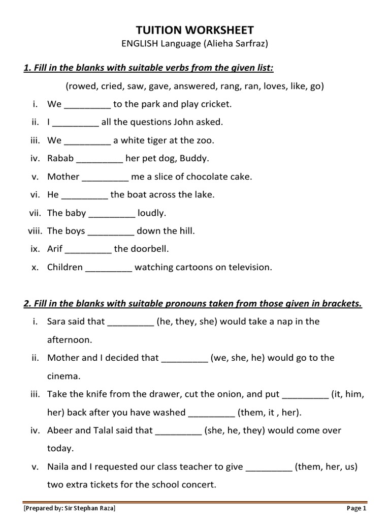 Tuition Worksheet: 1. Fill in The Blanks With Suitable Verbs From The ...