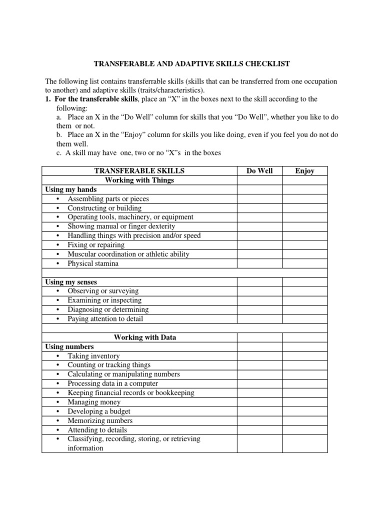 Transferable Adaptive Skills Checklist | Creativity | Emotions
