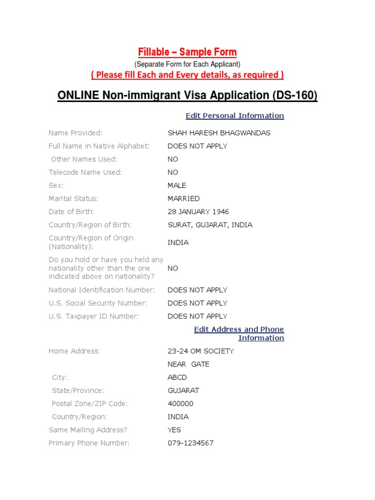 DS-160 - Sample Form | PDF | Travel Visa | Zip Code