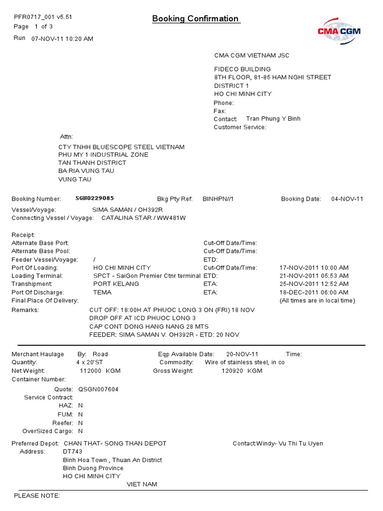 04 Cont To Tema ETD 20.nov (CMA) | PDF | Cargo | Bill Of Lading