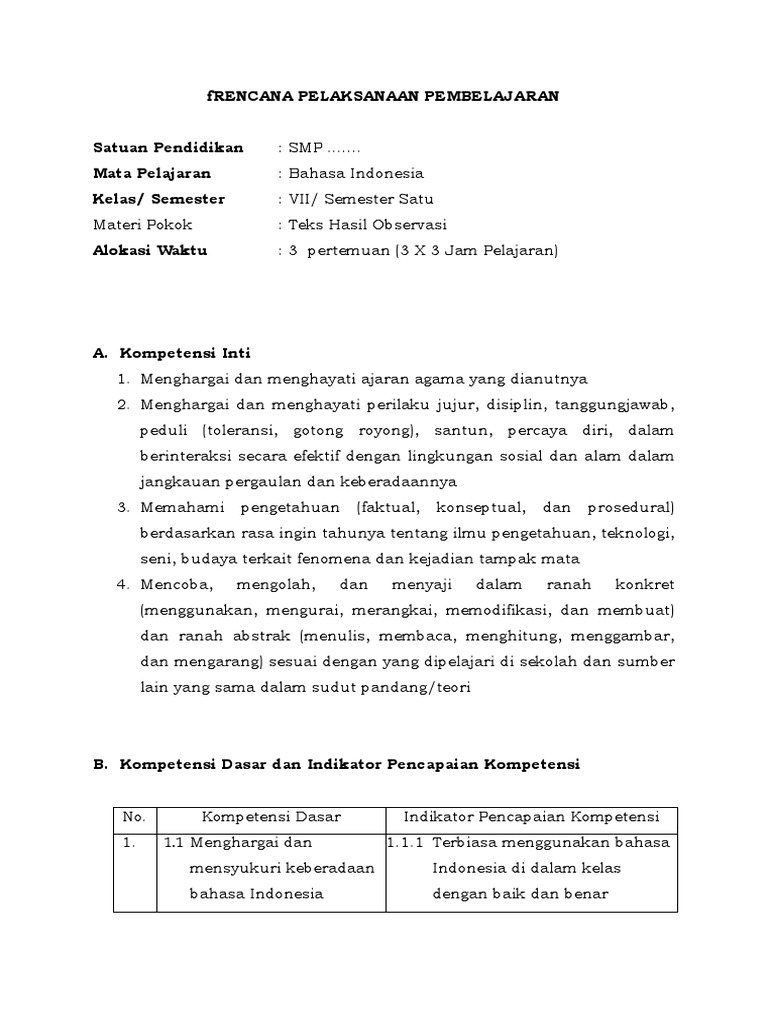 Contoh Rpp Bhs Indonesia Kls 7 Kur 2013 2