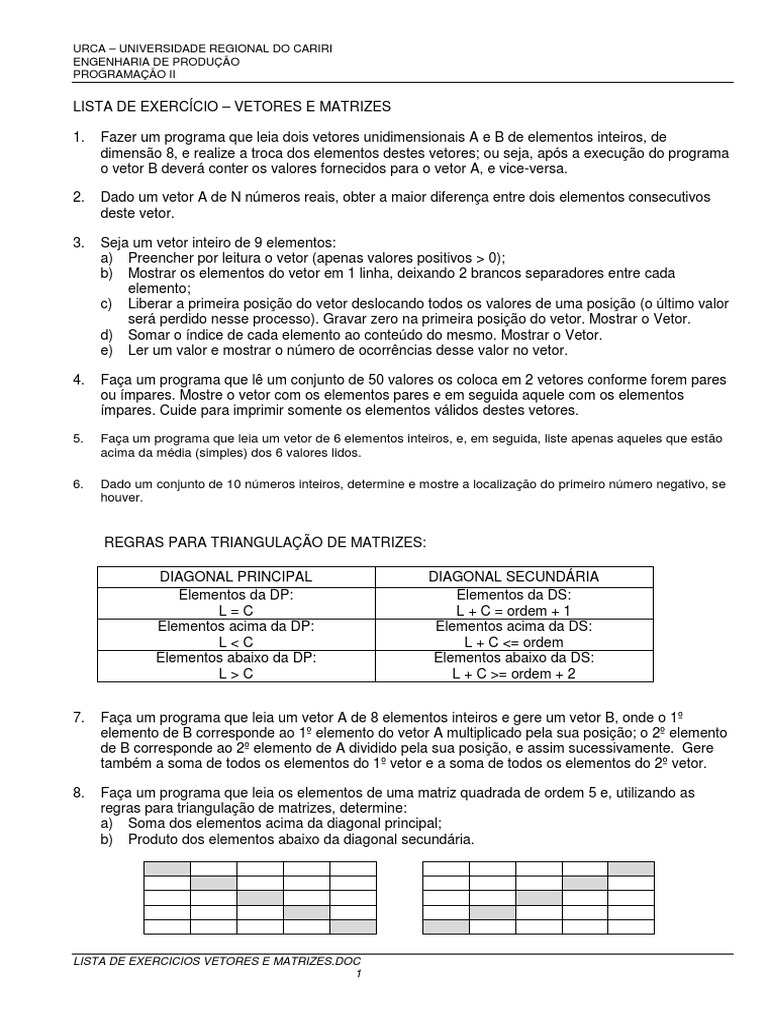 Lista de Exercicios Vetores e Matrizes | PDF | Matriz (Matemática ...